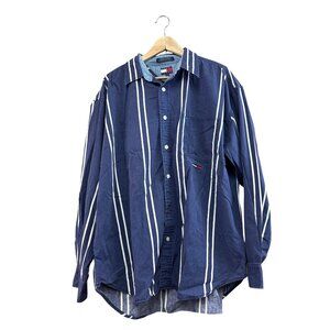 Tommy Jeans Mens XL Striped Long-Sleeve Button-Up Shirt Navy Blue & White 100% C